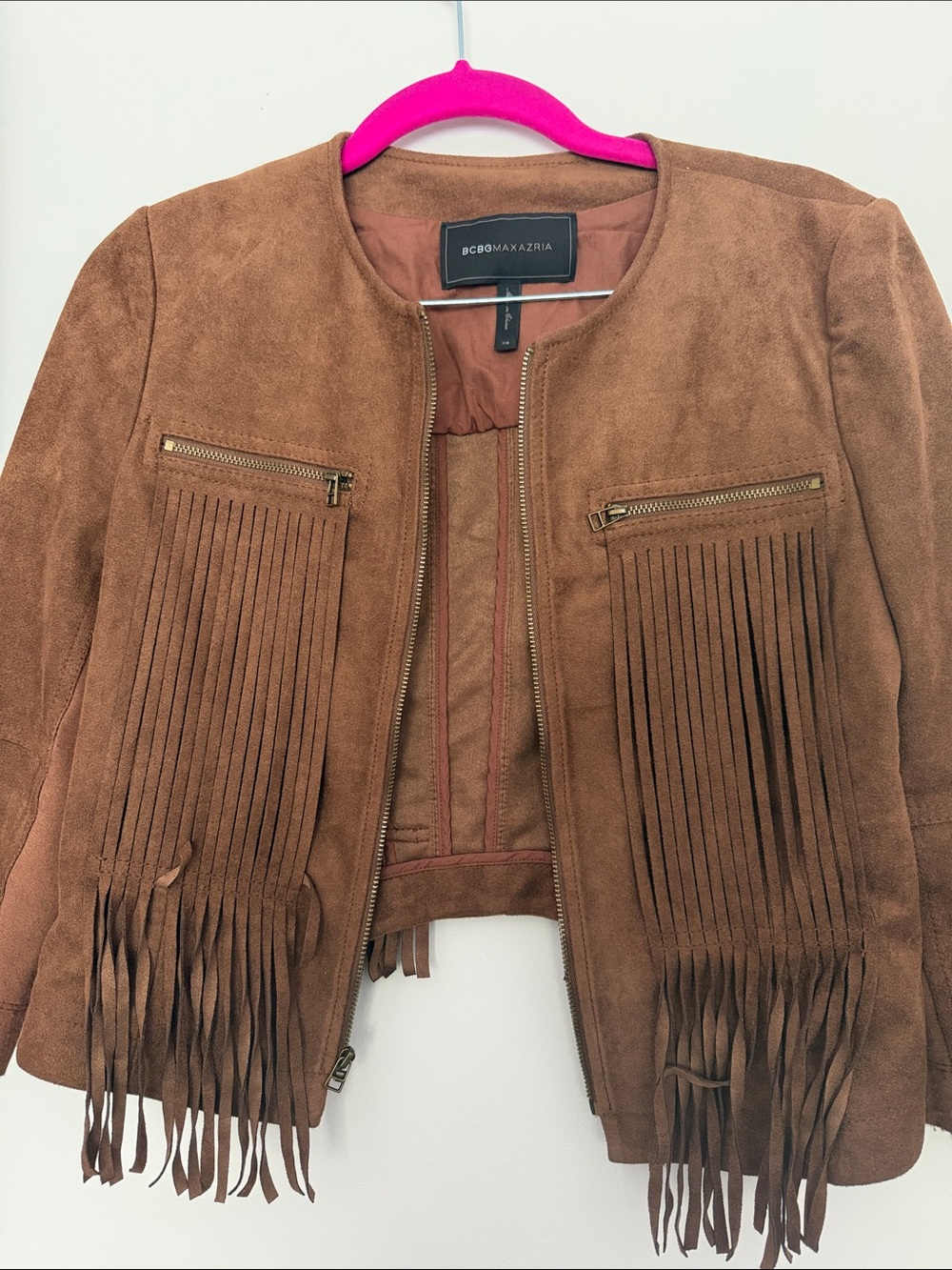 BCBGMaxAzria BrownFringe Zip-Front Jacket
